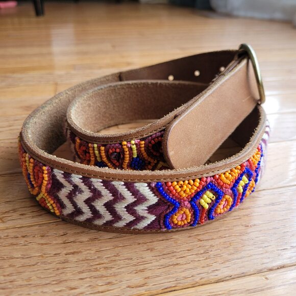 Lucky Brand Multi Embroidered Aztec Boho 100% Leather Belt Brown - Picture 2 of 16